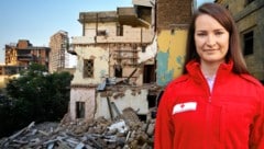 Die Wienerin Simona Mencinger (32) packt im Auftrag des Roten Kreuzes in Beirut mit an - die Stadt liegt nach wie vor in Trümmern. (Bild: AP, Österreichisches Rotes Kreuz, Krone KREATIV)