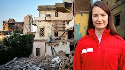 Die Wienerin Simona Mencinger (32) packt im Auftrag des Roten Kreuzes in Beirut mit an - die Stadt liegt nach wie vor in Trümmern. (Bild: AP, Österreichisches Rotes Kreuz, Krone KREATIV)