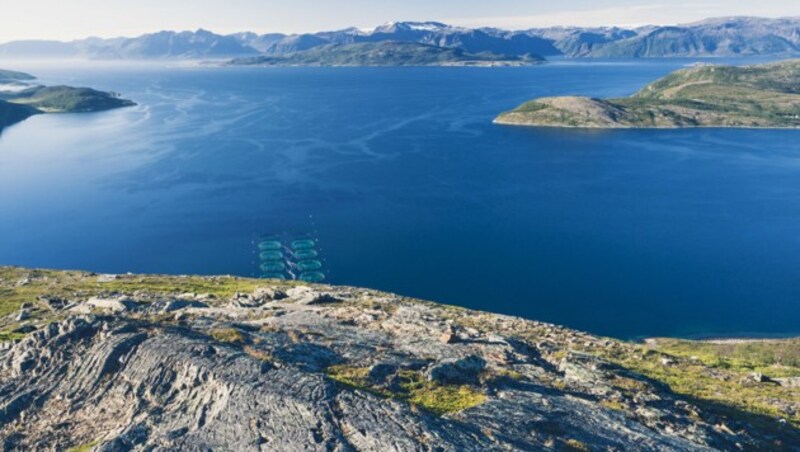 Eine Lachsfarm im Altafjord nahe der norwegischen Ortschaft Alta. (Bild: stock.adobe.com)