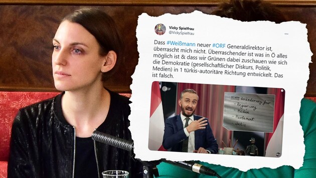 Viktoria Spielmann ist Frauen- und Sozialsprecherin der Wiener Grünen übte nach der Bestellung des neuen ORF-Generaldirektors scharfe Kritik an der eigenen Partei. (Bild: Twitter; AUGE/UG Balint Kelen; Krone KREATIV)