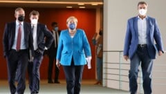 Kanzlerin Angela Merkel, Bayerns Ministerpräsident Markus Söder (rechts) und der Berliner Bürgermeister Michael Müller (ganz links) (Bild: AFP)