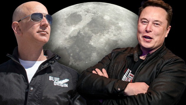 Jeff Bezos und Elon Musk (Bild: stock.adone.com/Leiftryn, AFP, Krone KREATIV)
