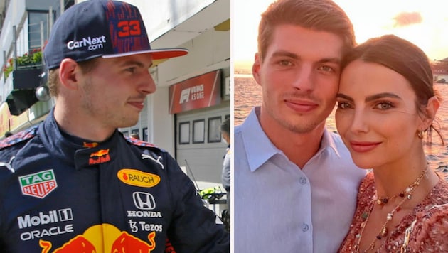Max Verstappen in Red-Bull-Montur (li.) und im Urlaubsmodus mit seiner Freundin Kelly Piquet (Bild: AP, Instagram.com/maxverstappen1)