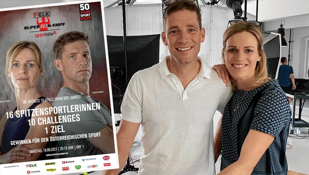 Marlies und Benjamin Raich beim Shooting für das Werbeplakat für den Sporthilfe Super10Kampf im September. (Bild: Benni und Marlies Raich)