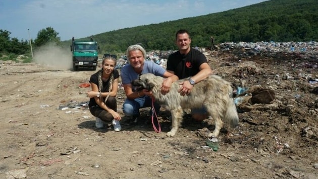 Amra Midzan, Frank Weber und Michael Midzan mit der geretteten Hündin „Heidi“ auf der Mülldeponie in Bihac, Bosnien. (Bild: A.T.O.)