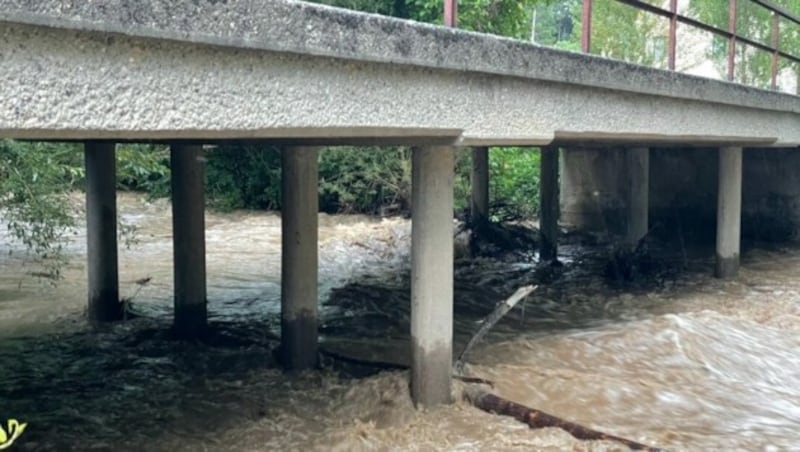 Der Bach riss Baumstämme mit. (Bild: FF Pöllau)