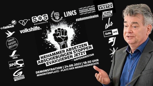 „Nehammer absetzen“, wird auf einem Demo-Flyer gefordert. Dass daneben auch ein Logo der Wiener Grünen prangt, bringt Werner Kogler unter Druck. (Bild: APA, Social Media, Krone KREATIV)