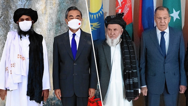 Die USA hatten Afghanistan noch gar nicht verlassen, da empfingen Russland (re.) und China (li.) schon Chefs der Taliban. So wollen sie Terrorgefahr von ihren Ländern abwenden und bieten Geld. (Bild: AP, Krone KREATIV)