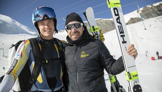 Norwegens Ski-Rohdiamant Atle Lie McGrath (li.) und sein Montafoner Head-Servicemann Mike Jöchl (Bild: Maurice Shourot)