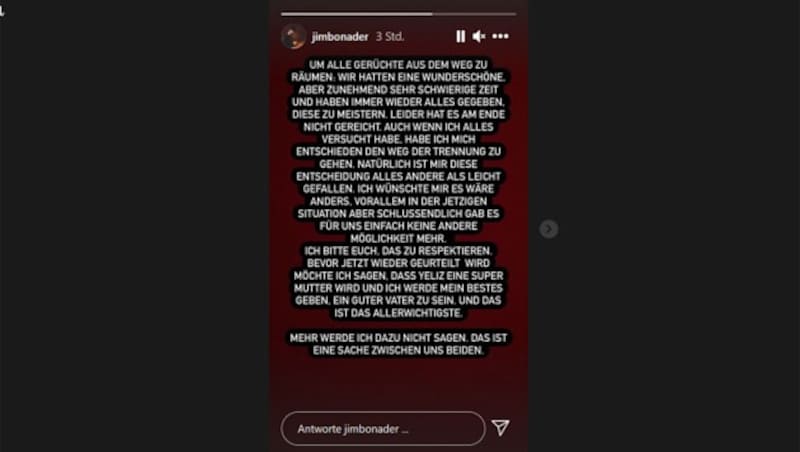 In einem langen Statement in seiner Instagram-Story hat Jimi Blue Ochsenknecht die Trennung von Yeliz Koc bekannt gegeben. (Bild: instagram.com/jimbonader)