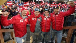 Die rot-weiß-roten Slalom-Asse Manuel Feller, Marc Digruber, Fabio Gstrein und Johannes Strolz (v. li.). (Bild: Sepp Pail)
