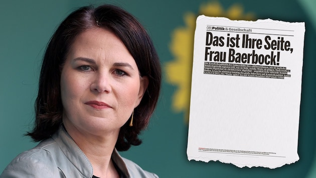 Die „Bild am Sonntag“ hat eine weitgehend leere Seite veröffentlicht, auf der ein Interview mit Grünen-Spitzenkandidatin Annalena Baerbock hätte stehen sollen. (Bild: AFP, Screenshot/Bild Zeitung)