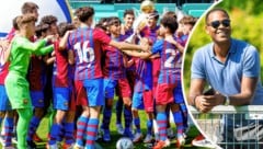 Barca jubelte über den Turniersieg (li), Ex-Star Patrick Kluivert sah beim gesamten Turnier zu. (Bild: Mario Urbantschitsch, Daniel Widner/Red Ring Shots)