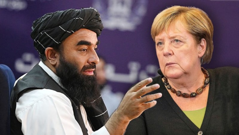 Taliban-Sprecher Zabihullah Mujahid würde sich über einen Besuch der deutschen Kanzlerin Angela Merkel „sehr freuen“. (Bild: AFP, Krone KREATIV)