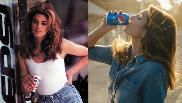 Cindy Crawford sorgte 1992 mit ihrem Auftritt in der Werbung für Pepsi-Cola für Aufsehen. 2018 (r.) wiederholte sie das schon einmal. (Bild: www.PPS.at)