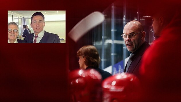 Von rechts: Belarus-Teamchef Craig Woodcroft, Dimitri Baskow, Rene Fasel (IIHF-Präsident). (Bild: GEPA pictures)
