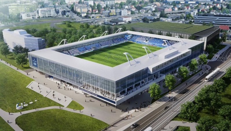 In Linz entsteht am neuen XXXLutz-Lager das Stadion des FC Blau-Weiß Linz. (Bild: Atelier Mauch)