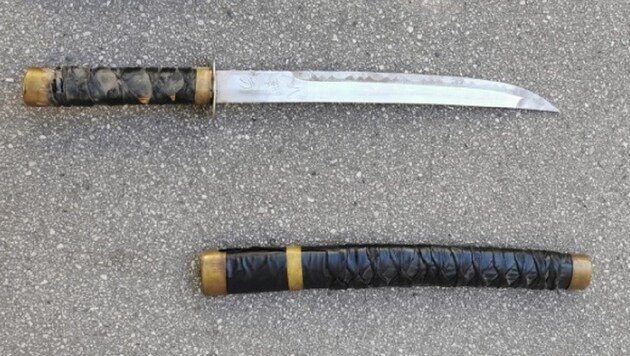 Mit diesem beinahe altertümlichen Schwert wollte der Österreicher der Polizei wohl Angst einjagen. (Bild: LPD Wien)