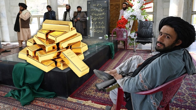 Die Taliban haben sich laut eigenen Angaben einen wahren Goldschatz in Millionenhöhe unter den Nagel gerissen. (Bild: Fotomontage, stock.adobe.com, APA/AFP, Krone KREATIV)