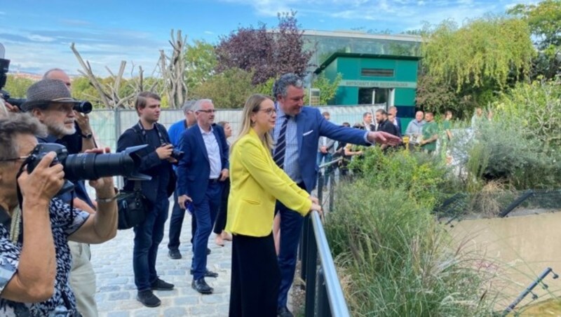 Bundesministerin Schramböck und Direktor Hering-Hagenbeck freuen sich über das neue Highlight im Zoo Schönbrunn. (Bild: Katharina Lattermann)