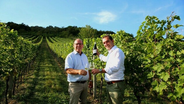 Im Himmelreich in Donnerskirchen verstärkten Liegenfeld (li.) und Oschep im vergangenen Sommer ihre Initiative für den Weintourismus. (Bild: Karl Grammer)