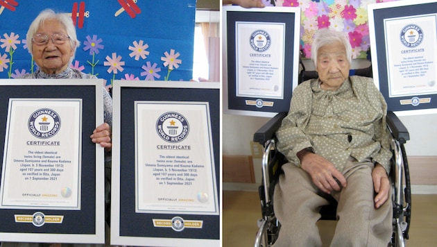 Umeno Sumiyama (links) und Koume Kodama (rechts) leben laut dem Guinness-Buch der Rekorde in getrennten Altersheimen. (Bild: Guinness World Records via AP)
