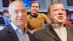 Jeff Bezos (links) will mit dem 90-jährigen Captain-Kirk-Schauspieler William Shatner ins Weltall fliegen. (Bild: Paramount, APA/dpa/Frank Rumpenhorst, APA/Getty Images via AFP/GETTY IMAGES/Michael M. Santiago Krone KREATIV)