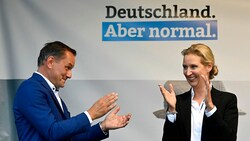 Die beiden Chefs der rechtspopulistischen AfD: Tino Chrupalla und Alice Weidel (Bild: APA/AFP/John MACDOUGALL)