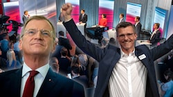 Oberösterreich-Wahl: Landeshauptmann Thomas Stelzer (ÖVP) kann sich über leichte Zugewinne freuen. Die große Überraschung ist aber die Partei der Impfgegner MFG mit ihrem Frontmann Joachim Aigner (re.). (Bild: APA, Klemens Groh)