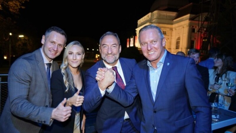 Die FPÖ mit Mario Eustacchio, Mario Kunasek und Armin Sippel feierte trotz herber Verluste (Bild: Pail Sepp)