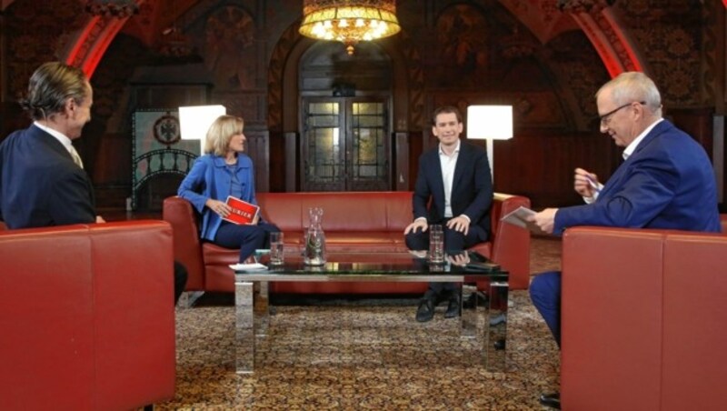 Bundeskanzler Kurz im „Club 3“ – mit Christian Rainer („profil“), Martina Salomon („Kurier“) und Klaus Herrmann („Krone“) (Bild: Gerhard Deutsch)