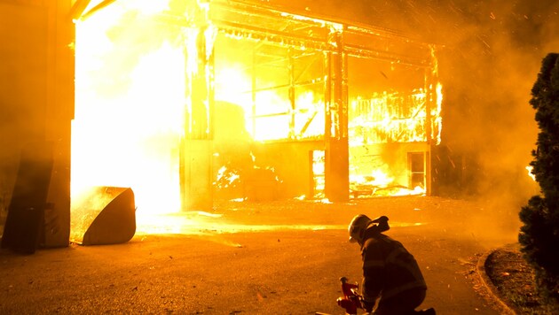 Die Lagerhalle des Schweine-Mastbetriebs brannte lichterloh. (Bild: Mathis Fotografie)