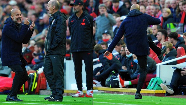 ManCity-Coach Pep Guardiola zeigte sich im Spitzenspiel bei Liverpool höchst emotional. (Bild: AP)