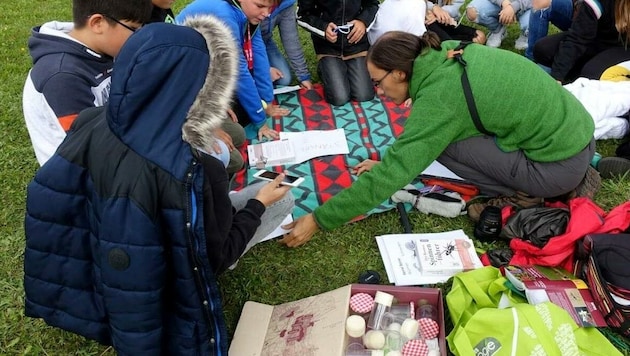 Biologin von „naturschutzakademie.at“ Julia Kelemen-Finan auf Erkundungstour mit Schülern der Volksschule und Neuen Mittelschule Bernstein. (Bild: naturschutzakademie.at)