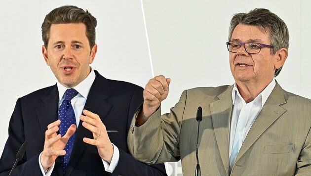 Mit gemischten Gefühlen betrachten WKO-Präsident Harald Mahrer (li.) und ÖGB-Präsident Wolfgang Katzian die türkis-grüne Steuerreform. (Bild: APA/HANS PUNZ, Krone KREATIV)