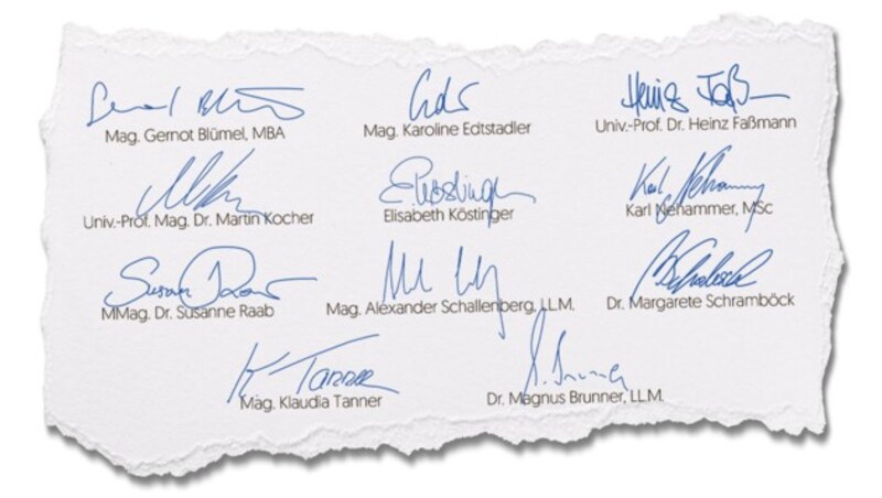 Die ÖVP-Regierungsmitglieder stellen sich geschlossen hinter den Kanzler. (Bild: ÖVP, stock.adobe.com, Krone KREATIV)