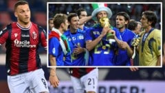 Marko Arnautovic (links) traf in der italienischen Serie A in den ersten sieben Liga-Spielen dreimal für den FC Bologna. Marco Materazzi (im Bild rechts mit Pokal) jubelte 2006 mit Italien und mit Hut über den Gewinn des WM-Titels - bei Inter war Arnautovic 2009/10 sein Teamkollege. (Bild: AP, Gerhard Gradwohl)