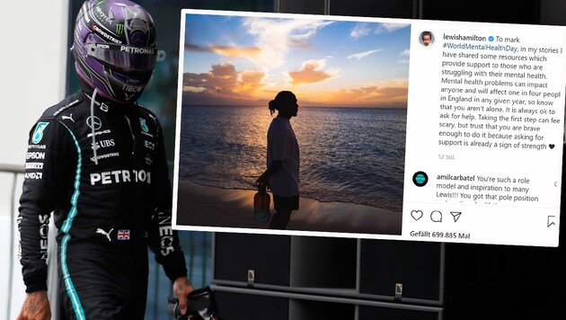 Lewis Hamilton: Kommentar zum Rennen gab‘s auf Instagram keinen, dafür tiefgehende Zeilen über mentale Gesundheit. (Bild: AP, Instagram.com/lewishamilton)