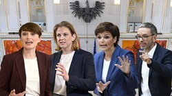 Die Oppositionschefs sind mit der Regierungsumbildung alles andere als zufrieden und sorgen sich wegen eines Schattenkanzlers Sebastian Kurz. Die grüne Klubobfrau Sigrid Maurer (l.) bekommt es künftig mit einem ÖVP-Klubchef Sebastian Kurz zu tun. (Bild: APA, Neubauer, Punz, Jäger, Schlager, Krone KREATIV)