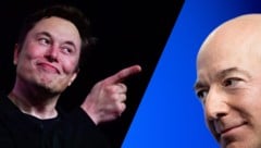 Elon Musks SpaceX und Jeff Bezos‘ Blue Origin liefern sich seit Jahren einen erbitterten Konkurrenzkampf in der kommerziellen Raumfahrt. (Bild: APA/AFP/Frederic J. BROWN, Jim WATSON/AFP, Krone KREATIV)