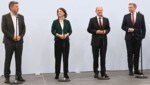 Die wollen über die Ampel-Koalition verhandeln (v. l.): Robert Habeck, Annalena Baerbock (beide Grüne), Olaf Scholz (SPD) und Christian Lindner (FDP). (Bild: AFP)