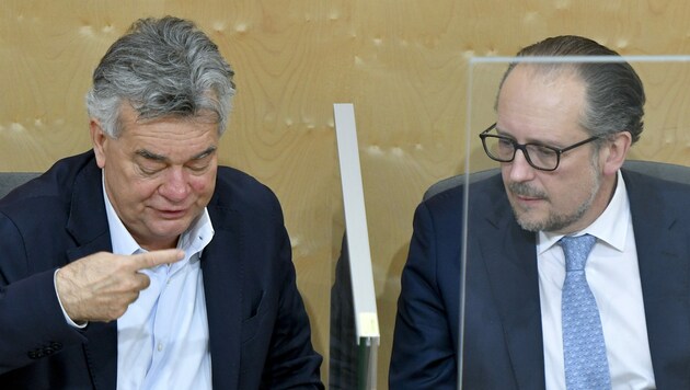 Vizekanzler Werner Kogler und Bundeskanzler Alexander Schallenberg (Bild: APA/HERBERT NEUBAUER)