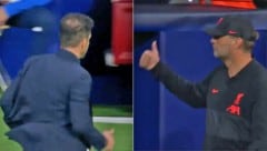 Diego Simeone (li.) flüchtete in den Tunnel, Jürgen Klopp quittierte es zynisch. (Bild: Twitter.com/Football on BT Sport)