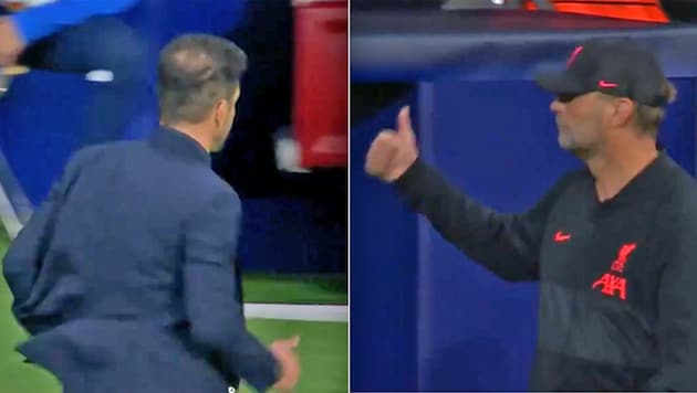 Diego Simeone (li.) flüchtete in den Tunnel, Jürgen Klopp quittierte es zynisch. (Bild: Twitter.com/Football on BT Sport)