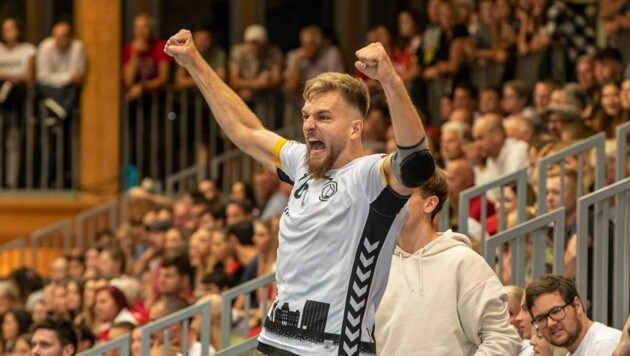 Die „steirische Eiche“ Florian Mohr fühlt sich bei Bregenz Handball sichtlich pudelwohl. (Bild: Maurice Shourot)