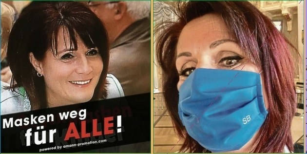 FPÖ-Politikerin Sabine Binder mal mit Maske (April 2020), mal gegen Masken (Oktober 2020) (Bild: Facebook-Seite von Sabine Binder)