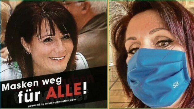 FPÖ-Politikerin Sabine Binder mal mit Maske (April 2020), mal gegen Masken (Oktober 2020) (Bild: Facebook-Seite von Sabine Binder)