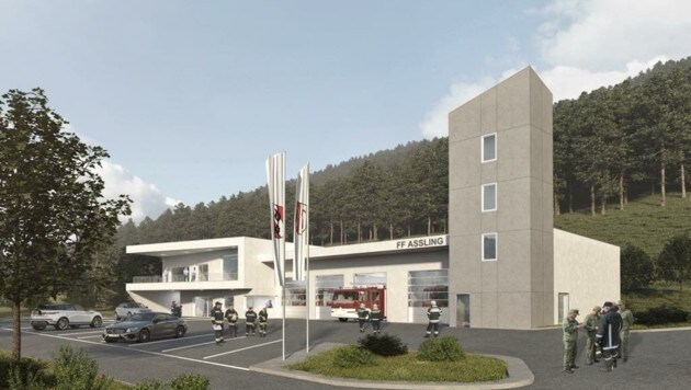 Eine Visualisierung des künftigen Feuerwehrhauses in Assling (Bild: Gemeinde Assling/Brunner Images)