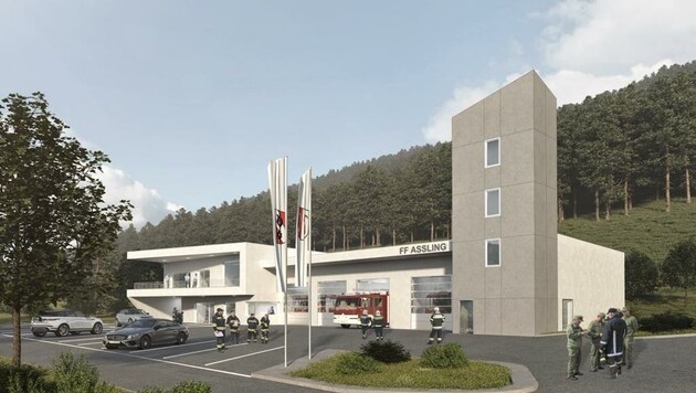 Eine Visualisierung des künftigen Feuerwehrhauses in Assling (Bild: Gemeinde Assling/Brunner Images)