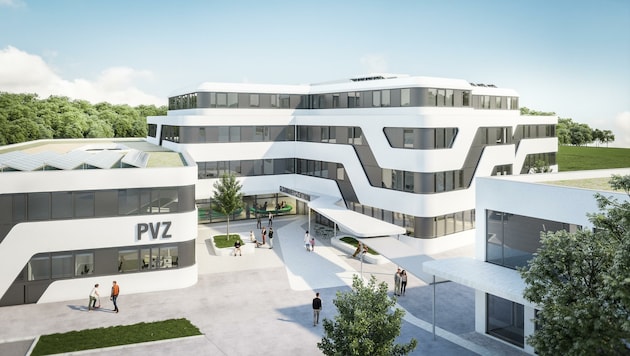 So soll das Gesundheitszentrum in St. Pölten aussehen: Architekt Aichberger setzt auf Monolith- Bauweise mit Metallfassade. (Bild: ZOOM visual project gmbh)